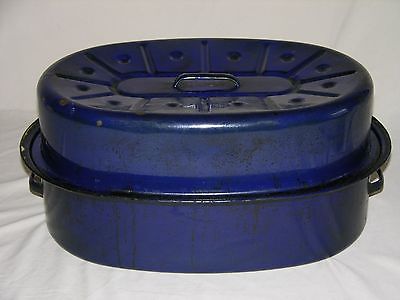 Antique Vintage Deep Blue Enamelware Roasting Turkey Roaster Pan w/ Inverted Lid