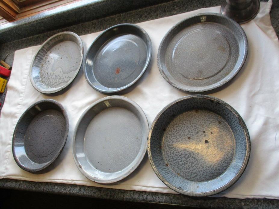 6 ANTIQUE Gray SPECKLED Granitware ENAMEL Pie Pans 10