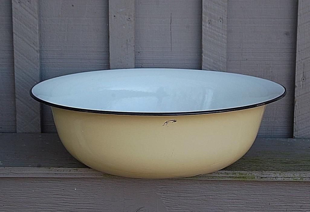 Vintage Antique Primitive Yellow Graniteware Enamelware Wash Basin Kitchen Tool