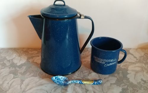 Blue Speckled Granite Ware Coffee Pot/ Mug / Spoon Set