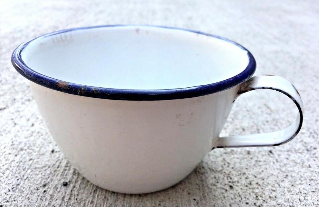 Enamelware Cup White Blue Trim Primitive Vintage