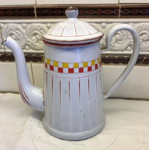 HTF Antique French Enamelware Coffee Pot 1920/30 Red & Yellow Check Pattern. VGC