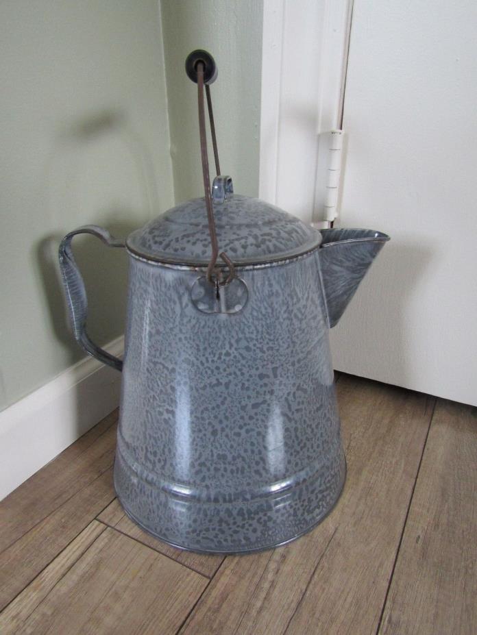 Vintage Large Graniteware Enamelware Grey Speckled Coffee Pot Kettle 11.5
