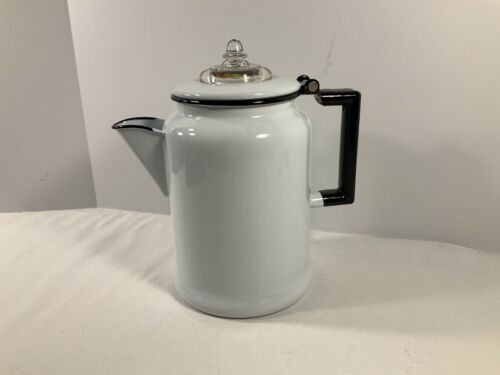 Vintage Graniteware Coffee Pot ~ White w/Black Trim ~ 9” High