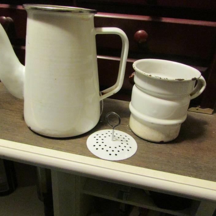 ANTIQUE VINTAGE BIGGIN COFFEE POT  ENAMEL WHITE   9 AND 1/2 TALL W/  OUT TOP