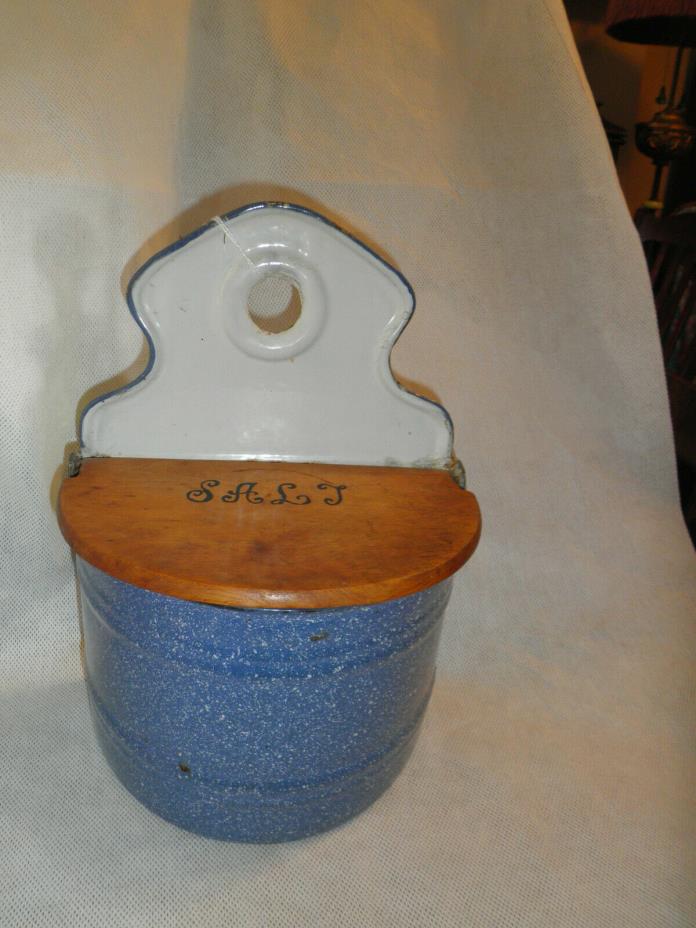 Blue relish graniteware salt box enamelware