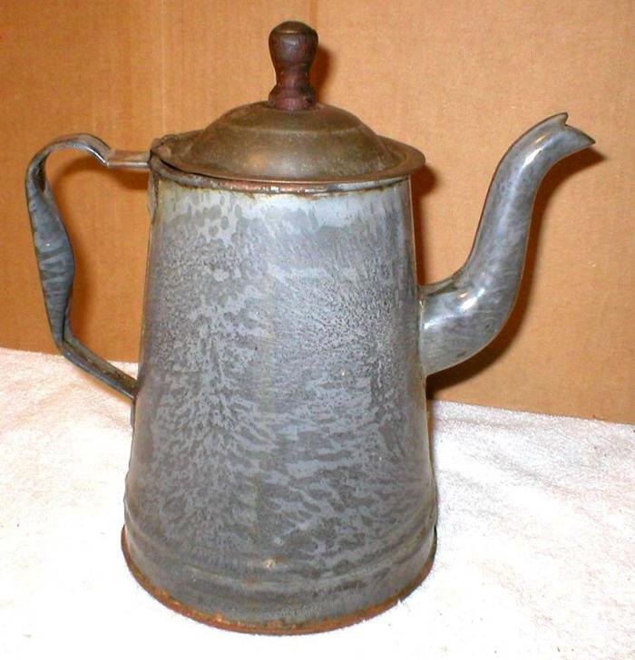 Antique Vintage Graniteware Coffee Pot 9” Gray Enamel Primitive