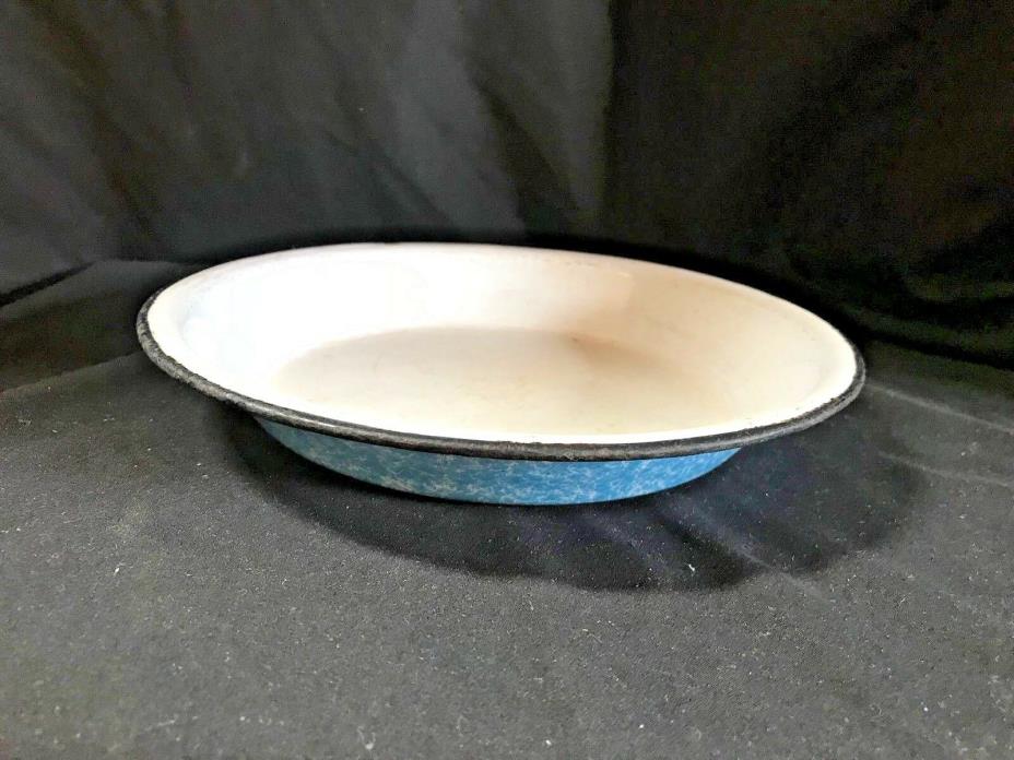 Vintage Blue & White Robins Egg 9.25” Graniteware Pie Cake Pan Enamelware Plate