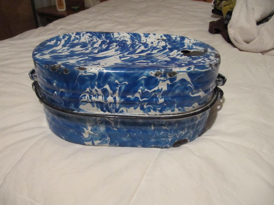 Antique Graniteware Enamelware Covered Roasting Pan Blue & White Swirl Vintage
