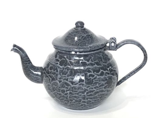 RARE American Gray Graniteware Mottled Small Bulbous Teapot Enamelware