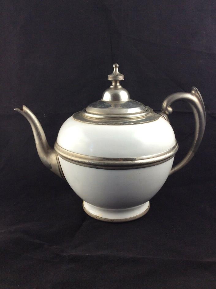 Antique victorian Graniteware & pewter teapot white enamelware porcelain