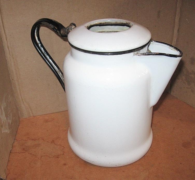 Vintage White Black Trim Graniteware Enamel Ware COFFEE POT w/ Hinged Lid