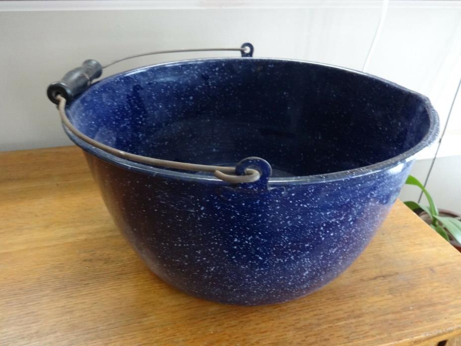 Vntg Blue Graniteware Large Preserving Kettle Pot w/ Bail Garden Pail jam 16 QT