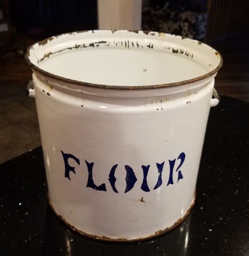 Authentic Vintage White Enamelware Flour Kitchen Container, Graniteware