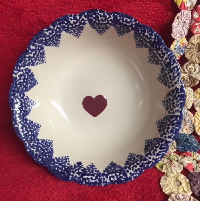 Vintage Blue Spatter or Sponge Stoneware Mixing Bowl Heart Design Heavy Scallop