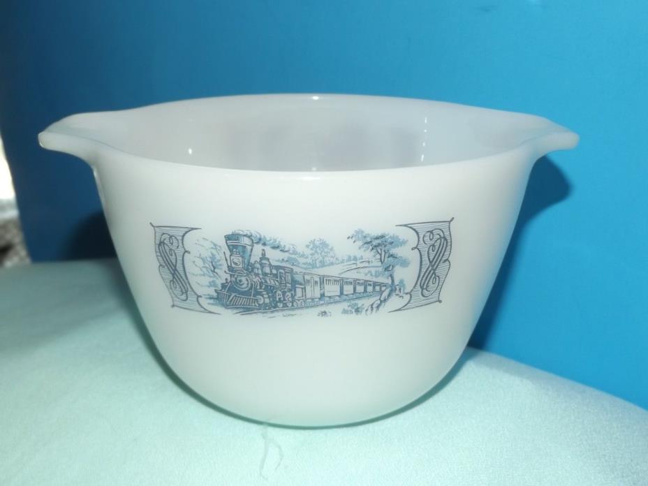 Vintage Glasbake Currier & Ives TRAIN LOCOMOTIVE BLUE Milk Glass Mixing Bowl