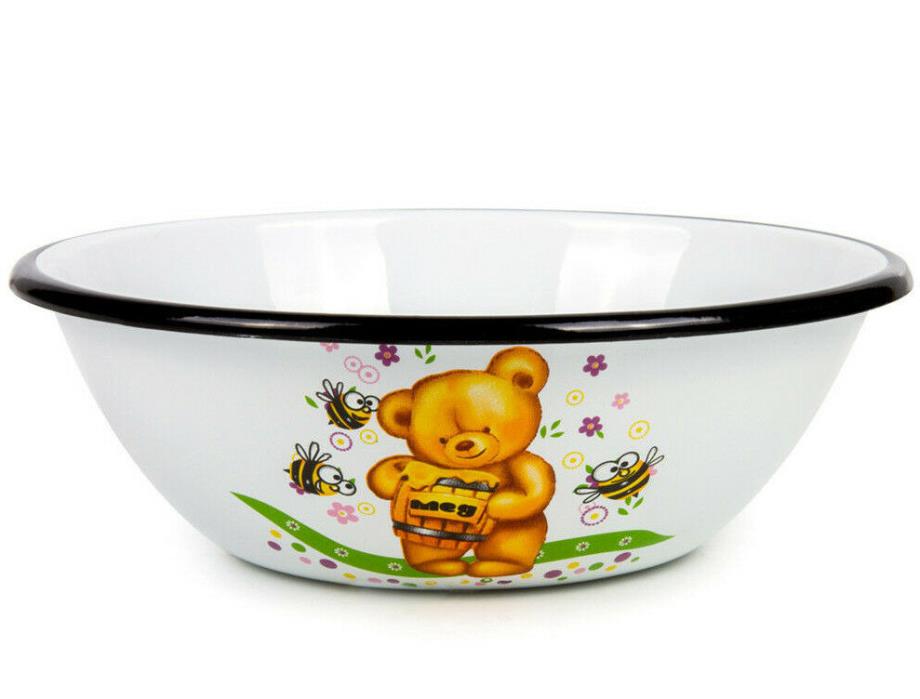 White Enamel Bowl w/ Teddy Bear Print. Cereal Soup Deep Salad Plate Bowl 0.6 L