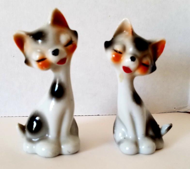 Adorable Pair of 2 Vintage Japan Ceramic Cat's Kitties Cat Long Neck Smiling