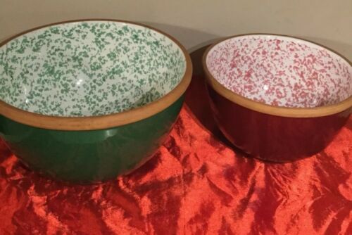 Vintage  Set 2 Terra Cotta Nesting Mixing Bowls Red And Green Speckled