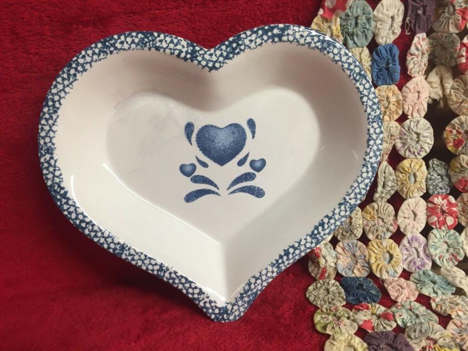 Vintage Blue Spatter or Sponge Stoneware Heart Shape Pie Pan or Bowl Pretty Cute