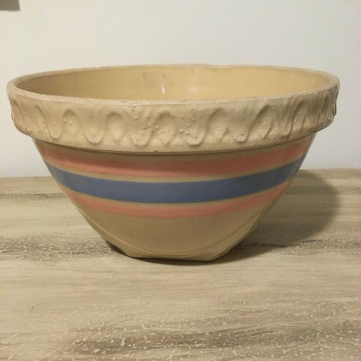 Vintage/Antique Stoneware Mixing Bowl Yellow Ware Pink Blue Stripe Hull or McCoy