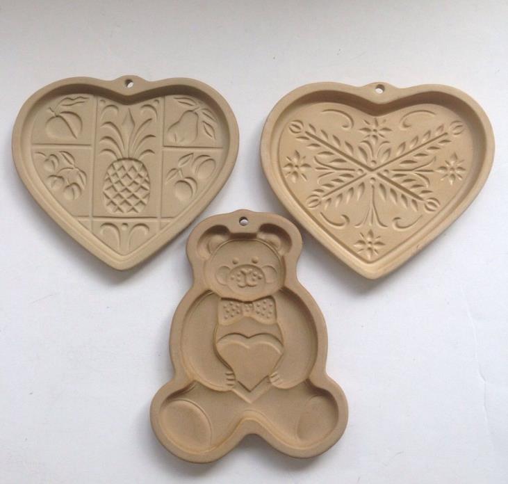 3 Pampered Chef Stoneware Cookie Molds Teddy Bear, Anniv. & Hospitality Hearts