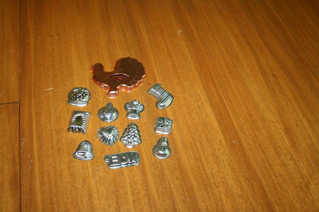 11 METAL VINTAGE SMALL CANDY CHOCOLATE MOLDS & 1 turkey COOKIE CUTTER