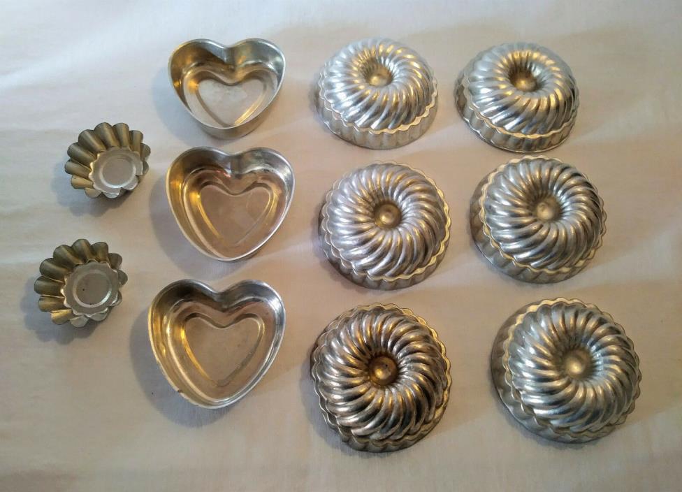 Vintage Aluminum Mini Molds 6 Swirled + 3 Miniature Heart Molds Jello Tart Craft