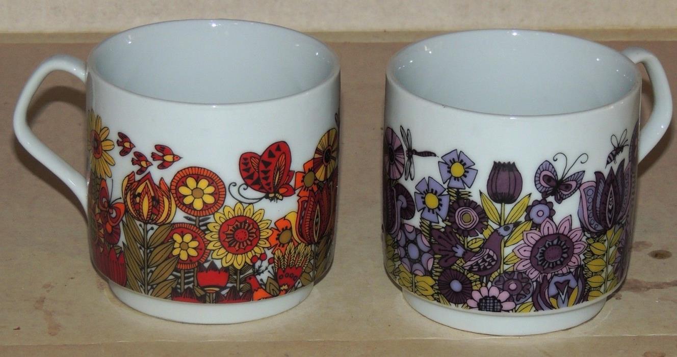 Set of 2 Coffee Mugs Cups Marked Japan  Purple Floral and Orange Floral Patterns