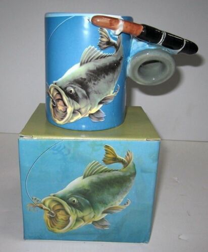 Wide mouth bass fish coffee mug cup ceramic c1992 very large 13 ounces fishing
