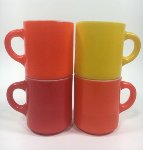 Vtg Milk Glass Coffee Mugs Orange Peel Texture Orange Red Yellow Bumpy