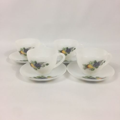 ARCOPAL FRANCE CUP AND SAUCER 4 Set Milk glass with fruits prints
