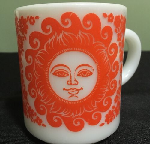 Vintage Milk Glass Orange Celestial Sun Face Coffee Mug Retro Cool