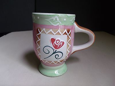 Alco Industries Large Coffee Mug Cup Flower Rose Glazed Pottery Footed Pedestal