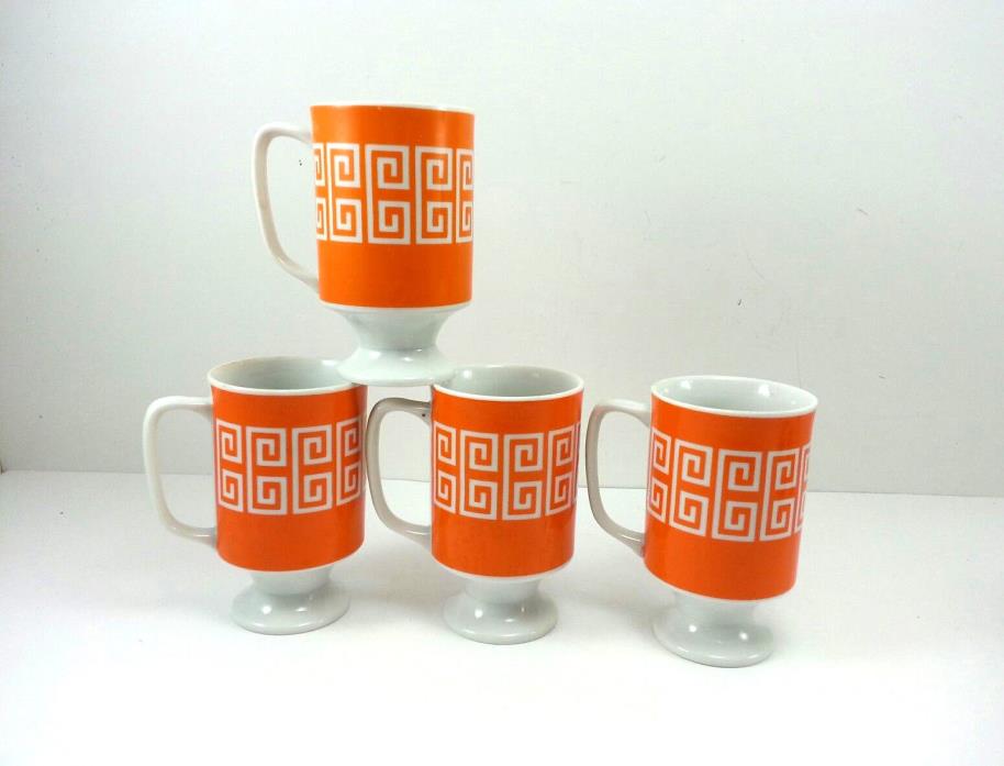 D Handle Pedestal Footed Cups Mugs Orange White Retro Lot Of 4 Vintage