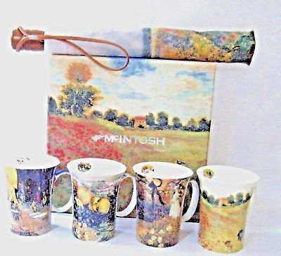McINTOSH MONET CLASSICS 4-PIECE MUG SET W/STORAGE BOX + MONET COMPACT UMBRELLA