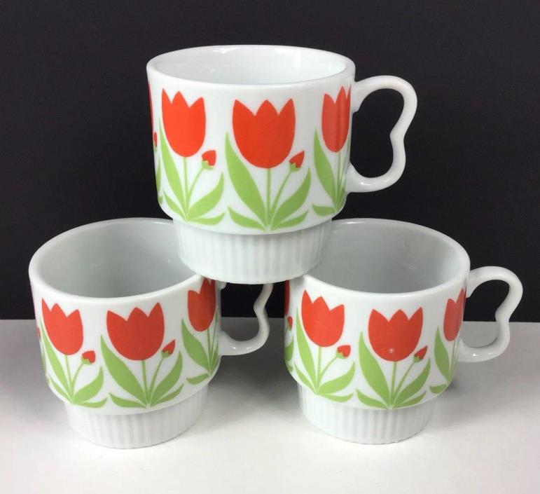 Set of 3 Vintage Floral Flower Tulip Stackable Coffee Mugs Cups Japan Vintage