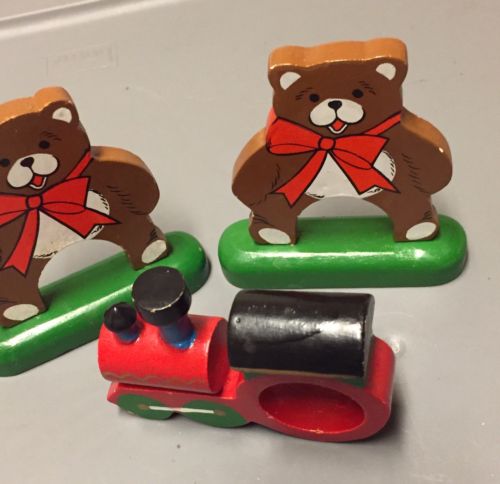 Vintage Christmas Wood Napkin Holder Ring Teddy Bear Train Table Home Decor Lot