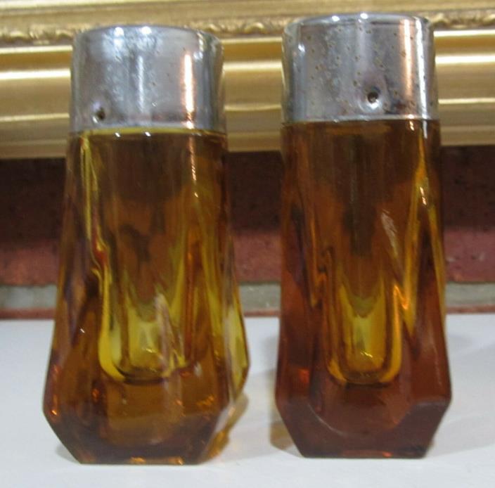 Vintage Gold Glass Salt And Pepper Shakers With Chrome Lids Heavy S&P Shakers