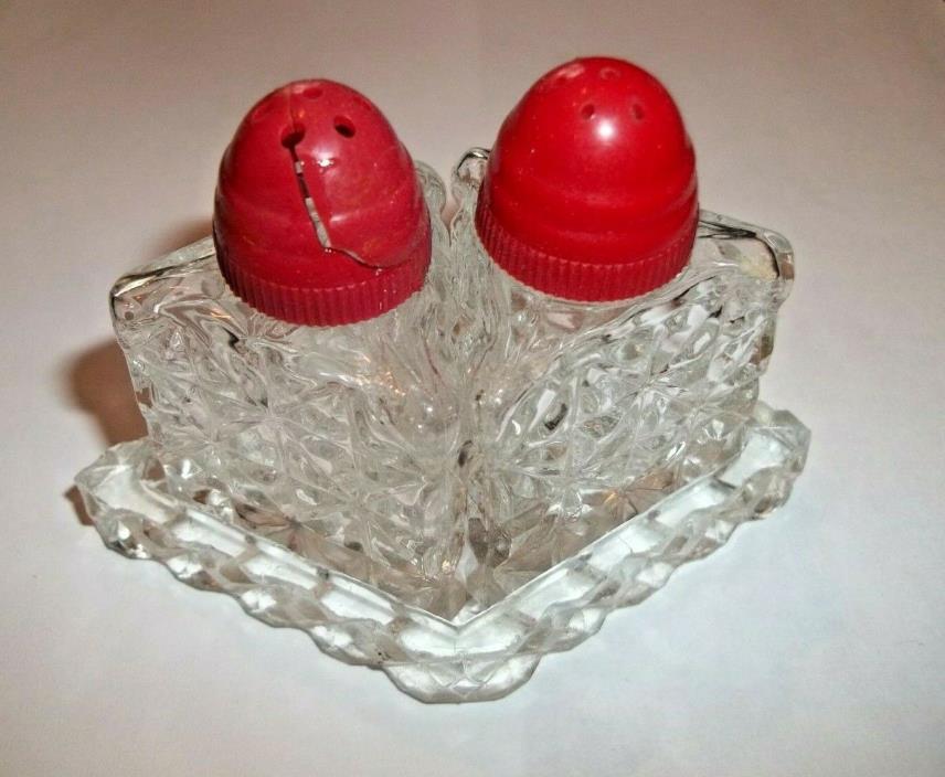 Vintage Pressed Glass Salt Pepper Shaker Tray Set Red Plastic Lids Triangle