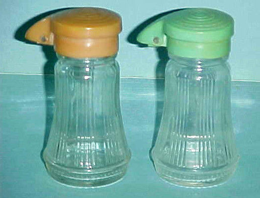 Vintage DANIELL'S Salt & Pepper Shakers - Amber & Green Caps-Ribbed Glass Design
