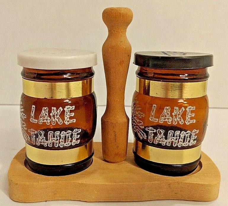 Vintage Lake Tahoe Glass Barrel Salt and Pepper Shakers With Holder