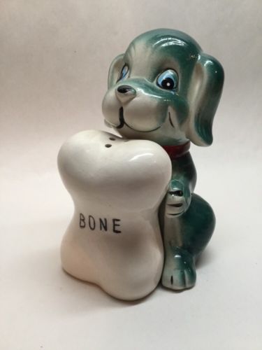Whimsical Dog with Bone Salt and Pepper Shakers Vintage Green Puppy Japan vtg W5
