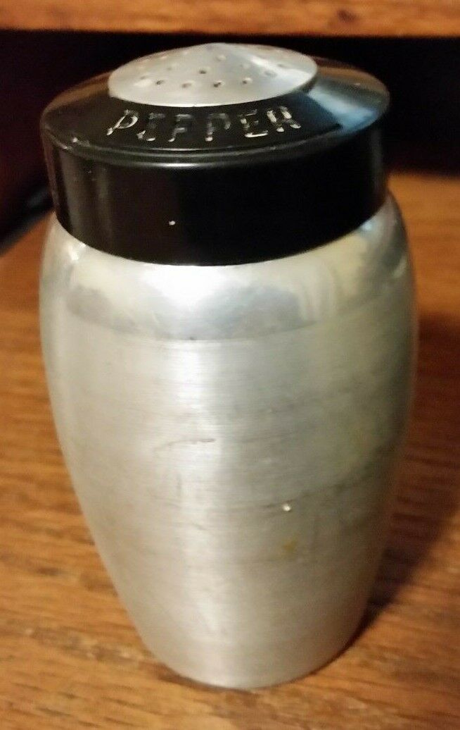 Vintage Kromex Spun Aluminum Pepper Shaker- Black Lid