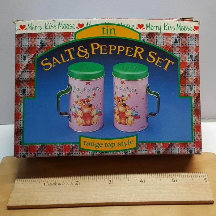 Vintage MERRY KISS MOOSE Tin Salt & Pepper Shaker Set 4