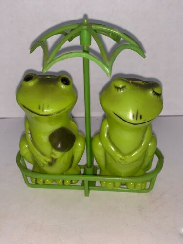 Vintage Green Plastic Frog Salt and Pepper Shakers with Holder