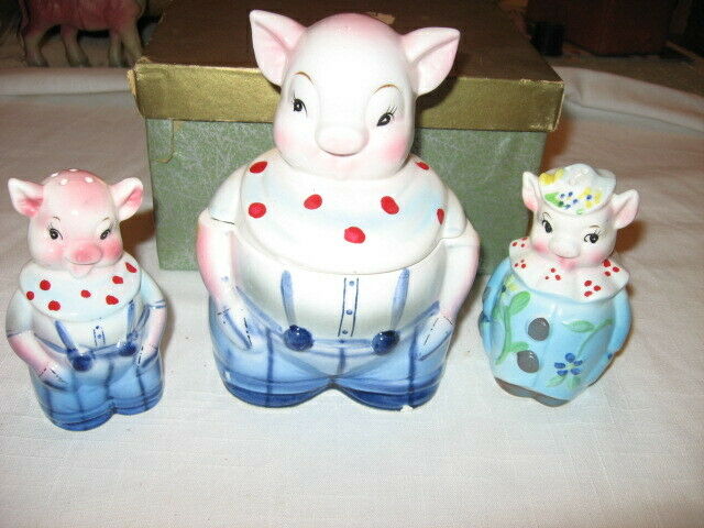 3 pc Pig Salt & Pepper Shaker Set Poka dots Blue Pink Japan Vintage Sugar