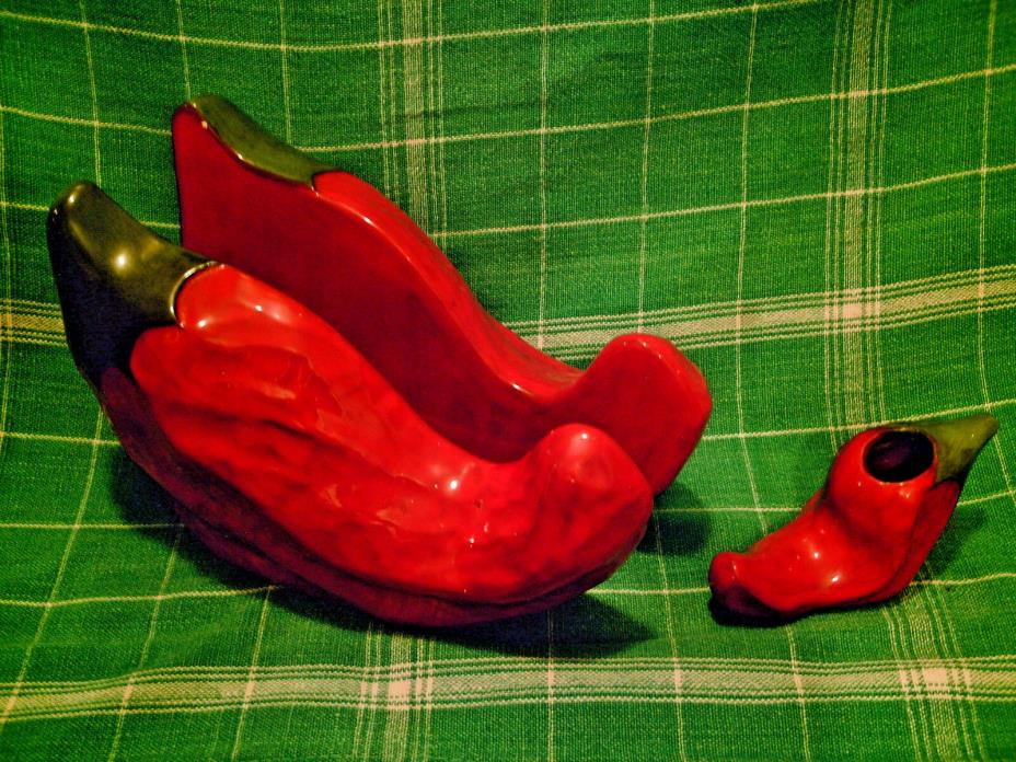 VINTAGE Set Of 2 Ceramic Kitchen Hot Chilli Peppers Tooth Pick & Napkin Holder