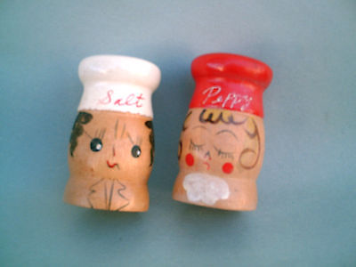 VINTAGE! Set of SALTY & PEPPY Hand-Crafted Wooden Figurine Salt & Pepper Shakers