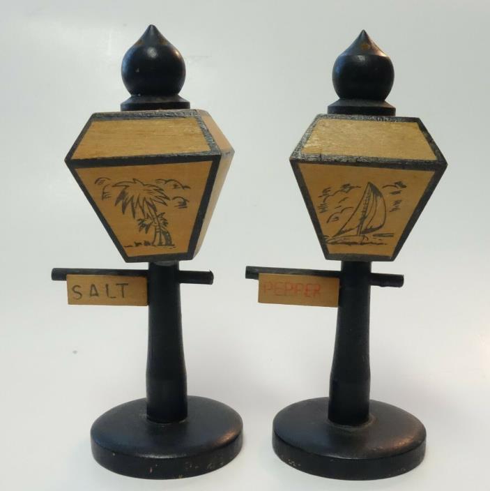 VINTAGE SALT & PEPPER SHAKERS WOOD LAMP POSTS JAPAN RARE HTF palm tree sailboat